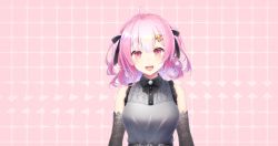 Rule 34 | 1girl, akkochan, blush, bow, breasts, cyanomirahi, gloves, hair bow, hair ornament, hairclip, highres, looking at viewer, pale skin, pink eyes, pink hair, re-ply, short twintails, sleeveless, smile, solo, twintails, virtual youtuber