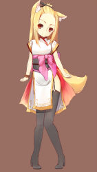 Rule 34 | 1girl, animal ears, black thighhighs, blonde hair, boots, bracelet, brown background, chinese clothes, forehead, fox tail, full body, garter straps, highres, if (asita), jewelry, long hair, obi, original, pink hair, red eyes, sash, simple background, solo, standing, tail, tatapopo, thigh boots, thighhighs