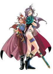 Rule 34 | 1990s (style), 2girls, absurdres, araizumi rui, armlet, armor, back-to-back, bandages, bikini, black footwear, blue eyes, boots, cape, circlet, crossed arms, earrings, full body, gloves, headband, heel up, height difference, highres, jewelry, knee boots, knife, lina inverse, long hair, multiple girls, naga the serpent, official art, open mouth, pauldrons, profile, purple hair, red eyes, red hair, retro artstyle, scan, shoulder armor, simple background, slayers, smile, spikes, standing, sweatdrop, swimsuit, sword, thigh strap, thighlet, tiptoes, weapon