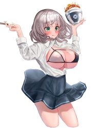 Rule 34 | 1girl, absurdres, alternate costume, bikini, bikini under clothes, blue skirt, blunt bangs, blush, bow, bowl, braid, breasts, breasts out, chopsticks, collared shirt, commentary request, food, food on face, green eyes, gyuudon, hands up, highres, holding, hololive, large breasts, maison de cante, medium hair, mole, mole on breast, motion blur, pleated skirt, shirogane noel, shirt, short sleeves, sidelocks, silver hair, simple background, skirt, solo, swimsuit, thighs, underboob, undersized breast cup, virtual youtuber, wardrobe malfunction, wavy hair, white background, white shirt