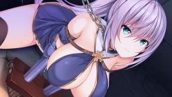 Rule 34 | 1girl, asami asami, breasts, chain, chained, cleavage, closed mouth, female focus, from above, game cg, green eyes, high ponytail, indoors, kneeling, large breasts, legs, long hair, looking at viewer, okayu riru, original, pillory, ponytail, purple hair, restrained, revealing clothes, role player: okayu shimai no nenmaku potrait - gurigucha live!, skirt, slave, solo, thighs