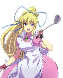 Rule 34 | 1girl, apron, blonde hair, blue eyes, breasts, dress, fingerless gloves, gloves, hair ribbon, holding, holding ladle, ladle, lilith aileron, long hair, looking at viewer, murata tefu, open mouth, ponytail, ribbon, simple background, smile, solo, tales of (series), tales of destiny, teeth, upper teeth only, white background