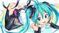 Rule 34 | 1girl, :d, aqua eyes, aqua hair, aqua nails, barefoot, beamed quavers, bridal gauntlets, elbow gloves, feet, fingerless gloves, gloves, hatsune miku, hatsune miku (append), highres, hisasi, long hair, looking at viewer, lying, musical note, nail polish, necktie, on side, open mouth, smile, soles, solo, star (symbol), thighhighs, toenail polish, toenails, toes, twintails, very long hair, vocaloid, tda model (mikumikudance), vocaloid append, wallpaper, yamaha