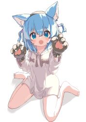 Rule 34 | 1girl, animal ear fluff, animal ears, animal hands, aoi tori, barefoot, blue eyes, blue hair, blush, child, commentary, drawstring, fake animal ears, fang, flat chest, full body, gloves, hands up, highres, hood, hoodie, legs, long sleeves, looking at viewer, on floor, open mouth, original, paw gloves, short hair, sidelocks, sitting, skin fang, solo, teru-chan (aoi tori), thighs, wariza, white background, white hoodie, wolf ears