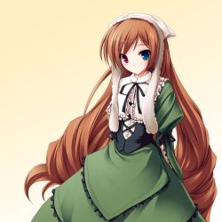 Rule 34 | 00s, 1girl, brown hair, corset, dress, drill hair, frills, green dress, green eyes, hat, heterochromia, lolita fashion, long hair, long sleeves, red eyes, ribbon, rozen maiden, simple background, solo, suiseiseki, tenmaso, twin drills, twintails, very long hair