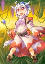 Rule 34 | 1girl, ahoge, alternate costume, animal ears, belt, boots, cosplay, dog ears, dog tail, earrings, female focus, final fantasy, fun bo, grass, holding, inubashiri momiji, jewelry, open mouth, red eyes, short hair, single earring, solo, tail, touhou, white hair, white mage (final fantasy), white mage (final fantasy) (cosplay), wolf ears, wolf tail