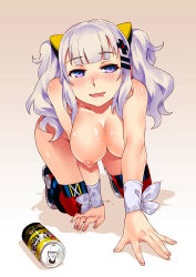 Rule 34 | 1girl, absurdres, all fours, blunt bangs, blush, breasts, crawling, drooling, drunk, full body, gradient background, hair ornament, hanging breasts, highres, kaguya luna, large breasts, looking at viewer, nipples, purple eyes, purple hair, ribbon, sidelocks, solo, strong zero, the moon studio, thighhighs, virtual youtuber, vycma, wrist ribbon, x hair ornament