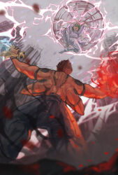 Rule 34 | 2boys, arm tattoo, back tattoo, battle, black pants, building, city, electricity, extra arms, from behind, from below, green hair, grin, highres, holding, holding staff, holding weapon, jujutsu kaisen, jumping, kashimo hajime, multiple boys, muscular, muscular male, pants, red hair, ryoumen sukuna (jujutsu kaisen), ryoumen sukuna (true form) (jujutsu kaisen), scene reference, shirt, smile, spinning weapon, staff, tattoo, tomorrow4431, twintails, weapon, white pants, white shirt