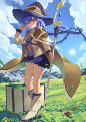 Rule 34 | 1girl, :o, absurdres, adjusting hair, blue eyes, blue hair, blue skirt, boots, braid, brown cape, cape, clothes lift, commentary, crossed bangs, dress shirt, falling leaves, full body, grass, hair between eyes, hand on headwear, hand up, hat, heel up, highres, holding, holding staff, leaf, long hair, looking at viewer, mountain, mushoku tensei, outdoors, panties, panty peek, roxy migurdia, scenery, shirt, skirt, skirt lift, sky, solo, staff, standing, suitcase, sun, twin braids, underwear, wang man, white shirt, wind, wind lift, witch hat
