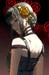 Rule 34 | 1girl, back, banned artist, bare shoulders, black background, black dress, black hair, blood, blood on back, braid, braided bun, breasts, choker, dress, earrings, eyelashes, flower, hair bun, hair flower, hair ornament, hairband, highres, jewelry, looking at viewer, pale skin, parted lips, pink lips, red background, red eyes, rose, simple background, spy x family, two-tone background, upper body, yor briar, zumi (zumidraws)