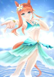 Rule 34 | 1girl, absurdres, animal ears, ear flower, flower on chest, green eyes, highres, horse ears, horse girl, horse tail, looking at viewer, navel, official alternate costume, official alternate hairstyle, orange hair, pocotas, pointing, pointing at viewer, ribs, silence suzuka (emerald on the waves) (umamusume), silence suzuka (umamusume), tail, umamusume, wading