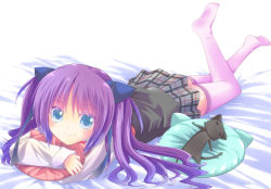 Rule 34 | 1girl, aged down, bad id, bad pixiv id, blue eyes, cat, kuro (little busters), little busters!, long hair, lying, mitsugushi yuu, on stomach, pillow, purple hair, purple thighhighs, sasasegawa sasami, school uniform, skirt, smile, thighhighs, twintails