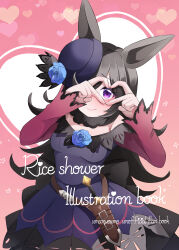 Rule 34 | 1girl, absurdres, animal ears, back bow, belt, black belt, black bow, black hair, blue dress, blue flower, blue hat, blue rose, bow, character name, coco (coco rr), copyright name, cover, cover page, dagger, doujin cover, dress, english text, flower, fur collar, hair over one eye, hat, hat flower, heart, heart hands, highres, horse ears, horse girl, knife, long hair, looking at viewer, off-shoulder dress, off shoulder, purple eyes, rice shower (umamusume), rose, scabbard, sheath, sheathed, short dress, solo, standing, tilted headwear, umamusume, weapon