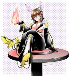 1girl :p animal_ears black_gloves black_pants blush breasts brown_hair cleavage closed_mouth coat commentary_request crop_top crown fire front_slit full_body gloves grey_coat hair_ornament heart heart_hair_ornament high_heels highres large_breasts looking_at_viewer one_eye_closed open_clothes open_coat pants polka_dot polka_dot_background purple_eyes pyrokinesis rabbit_ears ragnarok_online shirt shoe_soles shoes short_hair sitting smile solo table takaha_momo tongue tongue_out warlock_(ragnarok_online) white_shirt yellow_shoes