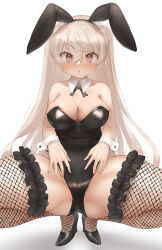 Rule 34 | 1girl, animal ears, black footwear, blue leotard, blush, breasts, brown eyes, cleavage, conte di cavour (kancolle), detached collar, fake animal ears, fishnet thighhighs, fishnets, high heels, kantai collection, large breasts, leotard, light brown hair, long hair, looking at viewer, parted lips, rabbit ears, simple background, solo, strapless, strapless leotard, thighhighs, toka (marchlizard), white background, wrist cuffs