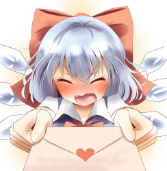 Rule 34 | 1girl, absurdres, blue hair, blush, bow, cirno, confession, closed eyes, facing viewer, giving, hair bow, highres, holding, ice, ice wings, incoming gift, indo (mdtanaka2007), letter, love letter, open mouth, outstretched arms, pov, silver hair, solo, touhou, upper body, wings