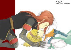Rule 34 | 00s, 1boy, 1girl, all fours, asch (tales), blonde hair, blue eyes, couple, gloves, hairband, holding hands, hand on head, hetero, long hair, lowres, lying, natalia luzu kimlasca lanvaldear, on back, red hair, tales of (series), tales of the abyss