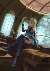 Rule 34 | 1girl, atelier (series), atelier shallie, ayesha altugle, bare shoulders, blonde hair, blue gloves, book stack, boots, female focus, gloves, highres, indoors, crossed legs, meow (jerry), navel, paper, quill, sitting, solo, yellow eyes