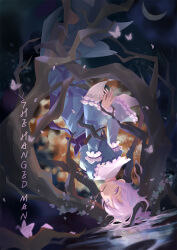 Rule 34 | 1girl, blue kimono, bug, butterfly, cherry blossoms, commentary, crescent moon, full body, insect, japanese clothes, kimono, long sleeves, looking at viewer, moon, night, pink eyes, pink hair, saigyouji yuyuko, short hair, solo, tarot, touhou, upside-down, vikramjoti
