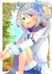 Rule 34 | 1girl, :d, ahoge, blue shorts, blurry, blurry background, collarbone, commentary request, commission, depth of field, eyes visible through hair, green eyes, green hair, grey hair, hair over one eye, hair rings, heterochromia, jacket, knees up, kou hiyoyo, long sleeves, multicolored hair, open mouth, original, own hands together, puffy long sleeves, puffy sleeves, purple hair, red eyes, short shorts, shorts, sitting, skeb commission, smile, solo, streaked hair, white jacket