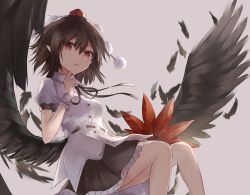 Rule 34 | 1girl, black skirt, black wings, breasts, brown hair, hand fan, feathered wings, feathers, finger to own chin, grey background, hair between eyes, hat, highres, holding, holding fan, leaf fan, looking at viewer, medium breasts, parted lips, petticoat, pointy ears, pom pom (clothes), puffy short sleeves, puffy sleeves, shameimaru aya, shirt, short hair, short sleeves, simple background, sitting, skirt, solo, tassel, thkani, tokin hat, touhou, white shirt, wings, wrist cuffs