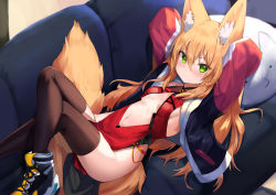 Rule 34 | 1girl, animal ear fluff, animal ears, arms up, black footwear, black jacket, blonde hair, breasts, brown thighhighs, center opening, closed mouth, clothes between thighs, couch, crossed legs, dress, fox ears, fox girl, fox tail, frown, green eyes, highleg, jacket, kitsune, kokonoe tsubaki, long hair, long sleeves, looking at viewer, lying, multiple tails, navel, no bra, no panties, on back, on couch, open clothes, open jacket, original, pelvic curtain, red dress, revealing clothes, shoes, sleeveless, sleeveless dress, small breasts, sneakers, solo, stomach, tail, thighhighs, thighs, two tails, v-shaped eyebrows, yoshizawa tsubaki
