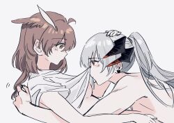 Rule 34 | 2girls, animal ears, arknights, bird ears, blush, breasts, brown hair, closed mouth, clothes lift, commentary request, dragon horns, earclip, feather hair, girl on top, grey hair, highres, horns, long hair, looking at another, lying, multiple girls, nude, on back, ponytail, red eyes, rotem 02, saria (arknights), shirt, shirt lift, short sleeves, silence (arknights), simple background, upper body, white background, white shirt, yellow eyes, yuri