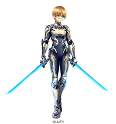 Rule 34 | 1boy, armor, blonde hair, blue bodysuit, blue eyes, bodysuit, breastplate, dual wielding, full body, glasses, gloves, greaves, grey gloves, holding, holding sword, holding weapon, k-suwabe, male focus, official art, short hair, shoulder armor, simple background, smile, solo, standing, sword, taimanin (series), taimanin rpgx, toned, vambraces, weapon, white background