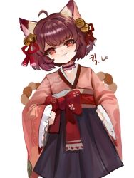 Rule 34 | 1girl, ahoge, animal ear fluff, animal ears, bell, black hakama, blush, brown hair, cat ears, commentary request, dokomon, hair bell, hair ornament, hair ribbon, hakama, hakama short skirt, hakama skirt, highres, ichihime, japanese clothes, jingle bell, kimono, korean commentary, long sleeves, looking at viewer, mahjong soul, obi, parted lips, pink kimono, red eyes, red ribbon, ribbon, sash, short hair, simple background, skirt, sleeves past wrists, solo, translation request, white background, wide sleeves