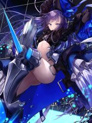 Rule 34 | 1girl, armor, armored boots, arms up, ass, blue eyes, blue ribbon, blush, boots, breasts, crotch plate, fate/grand order, fate (series), floating hair, glint, hair ribbon, highres, kim eb, knee up, long hair, long sleeves, looking at viewer, meltryllis (fate), purple hair, revealing clothes, ribbon, sleeves past wrists, small breasts, smile, solo, stomach, thighhighs, very long hair