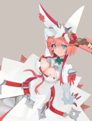Rule 34 | 1girl, ahoge, ascot, blue eyes, blush, bracelet, breasts, cleavage, cleavage cutout, closed mouth, clothing cutout, clover, collar, ddul (hauluimubingoj1), dress, elphelt valentine, four-leaf clover, guilty gear, guilty gear xrd, gun, hair between eyes, hairband, highres, holding, holding gun, holding weapon, huge ahoge, jewelry, large breasts, long sleeves, looking at viewer, medium hair, pink hair, simple background, smile, spiked bracelet, spiked collar, spiked hairband, spikes, weapon, wedding dress, white ascot, white dress