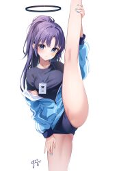 Rule 34 | 1girl, absurdres, black shirt, blue archive, blue buruma, blue eyes, blue jacket, blue nails, buruma, commentary request, guri (gri1211), gym shirt, gym uniform, highres, id card, jacket, jacket partially removed, lanyard, leg lift, leg up, long hair, nail polish, official alternate costume, parted bangs, partially unzipped, purple hair, shirt, signature, simple background, solo, split, standing, standing on one leg, standing split, star sticker, sticker on face, white background, yellow nails, yuuka (blue archive), yuuka (track) (blue archive)