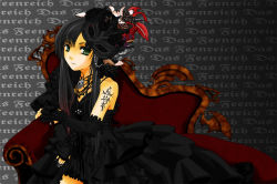 Rule 34 | 1girl, artist request, bare shoulders, black dress, black hair, couch, dress, elbow gloves, feathers, female focus, fingerless gloves, flower, frills, gem, gloves, gothic lolita, green eyes, hair ornament, hime cut, j-rock, jewelry, lolita fashion, long hair, looking at viewer, mask, musician, nail polish, pearl (gemstone), sitting, solo, tattoo, text focus, translated, wahrheit (yousei teikoku), yousei teikoku, yui (yousei teikoku)