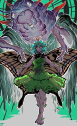 Rule 34 | 1girl, absurdres, animal, antennae, aqua hair, barefoot, bug, butterfly wings, dress, eternity larva, fairy, full body, green dress, hair between eyes, highres, insect wings, leaf, leaf on head, looking at viewer, multicolored clothes, multicolored dress, nehitsuji (syatihokoga), open mouth, red eyes, short hair, sleeveless, sleeveless dress, solo, toes, touhou, wings