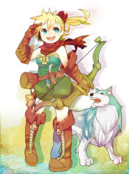 Rule 34 | 1girl, :d, aqua eyes, blonde hair, boots, bow (weapon), brown gloves, dog, full body, gloves, hair ornament, holding, kanabun, open mouth, original, ponytail, red scarf, scarf, smile, weapon, wind