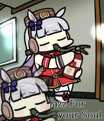 Rule 34 | 1girl, animal ears, blunt bangs, blush stickers, closed eyes, dress, fire extinguisher, full body, gold ship (umamusume), horse ears, horse girl, indoors, instrument, jazz for your soul (meme), jazz jack, light purple hair, meme, music, pantyhose, parody, photo-referenced, playing instrument, red dress, sleeveless, sleeveless dress, solo, umamusume, white footwear, zoom layer