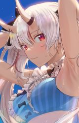 Rule 34 | 1girl, absurdres, armpits, arms up, blush, hair between eyes, highres, hololive, horns, looking at viewer, nakiri ayame, nakiri ayame (hololive summer 2019), portrait, red eyes, seicoh, silver hair, skin-covered horns, sky, solo, swimsuit, virtual youtuber, wet