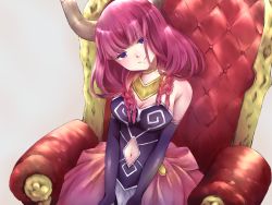 Rule 34 | 1girl, aura (sousou no frieren), bare shoulders, blunt bangs, braid, breasts, cleavage, clothing cutout, demon girl, demon horns, dress, hands on lap, head tilt, horns, jewelry, looking at viewer, navel, navel cutout, purple eyes, red hair, simple background, sitting, smile, solo, sousou no frieren, throne, x hmk x
