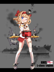 Rule 34 | 1girl, :p, badge, blue eyes, blush, braid, broken, brown hair, buttons, cameltoe, cannon, character name, colored eyelashes, cymbals, damaged, drum, emblem, eyebrows, flag, full body, hair ribbon, hairband, hand on own face, highres, hms legion, instrument, jacket, legion (warship girls r), legs apart, long sleeves, machinery, military, military vehicle, miniskirt, musical note, number tattoo, official art, one eye closed, panties, photo background, plaid, plaid ribbon, plaid skirt, pleated skirt, propeller, red ribbon, red skirt, ribbon, ship, sirills, skirt, smokestack, solo, standing, sweatdrop, tattoo, tears, text focus, thighhighs, tongue, tongue out, torn clothes, torpedo, treble clef, turret, twin braids, underwear, union jack, warship, warship girls r, watercraft, white ensign, white jacket, white panties, white thighhighs