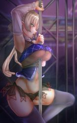 Rule 34 | 1girl, adapted costume, arm warmers, between breasts, black thighhighs, blonde hair, breasts, commentary, green eyes, highres, large breasts, mizuhashi parsee, panties, pointy ears, pole, pole dancing, shounen (hogehoge), solo, stripper pole, thighhighs, touhou, underwear
