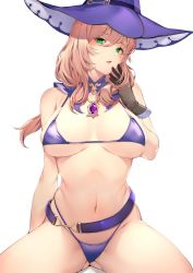 Rule 34 | 1girl, amagimei, belt, bikini, black gloves, blush, bra, breasts, brown hair, genshin impact, gloves, green eyes, hand in mouth, hand on floor, hat, highres, jewelry, lisa (genshin impact), long hair, looking at viewer, medium breasts, navel, necklace, open mouth, panties, purple bikini, purple bra, purple hat, purple panties, single glove, sitting, solo, swimsuit, underwear, white background