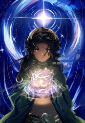 Rule 34 | 1girl, backlighting, black hair, blue background, blue coat, coat, cropped shirt, facial mark, forehead mark, hair ornament, highres, kaalaa baunaa, long hair, looking at viewer, mian (miaeo3), navel, open clothes, open coat, outstretched hand, parted lips, purple eyes, reverse:1999, shirt, solo, star (sky), star (symbol), starry background, stomach, upper body, watermark, yellow shirt