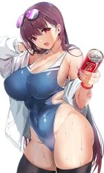 Rule 34 | 1girl, bead bracelet, beads, black thighhighs, blue one-piece swimsuit, bracelet, breasts, can, coca-cola, covered navel, damda, eyewear on head, fate/grand order, fate (series), holding, holding can, jewelry, large breasts, long hair, looking at viewer, one-piece swimsuit, red eyes, scathach (fate), simple background, solo, sunglasses, swimsuit, thighhighs, thighs, wet, wet hair, white background
