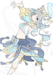 Rule 34 | 1girl, animal ear fluff, animal ears, arabian clothes, blue archive, blue bow, blue eyes, blue sarong, blue skirt, blue tassel, bow, closed mouth, cosplay, crop top, dancer, detached sleeves, extra ears, feet out of frame, gold trim, grey hair, hand up, highres, long sleeves, looking at viewer, masabodo, midriff, nilou (genshin impact), nilou (genshin impact) (cosplay), puffy long sleeves, puffy sleeves, sarong, shiroko (blue archive), short hair, simple background, skirt, smile, solo, standing, standing on one leg, waist bow, white background, white headwear, wolf ears, wolf girl