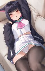 Rule 34 | 1girl, animal ears, arm up, black choker, black hair, black jacket, black pantyhose, blue archive, blunt bangs, blush, breasts, cat ears, cat girl, choker, clothes pull, colored inner animal ears, colored inner hair, commentary, couch, cowboy shot, ears down, embarrassed, from below, green sailor collar, hair intakes, hair ornament, hairclip, highres, jacket, kazusa (blue archive), long sleeves, looking at viewer, lying, medium breasts, midriff peek, minazuki (uraha246), miniskirt, multicolored hair, neckerchief, on couch, open clothes, open jacket, open mouth, panties, pantyhose, pantyhose pull, parted lips, pink hair, pink neckerchief, pleated skirt, puffy long sleeves, puffy sleeves, red eyes, sailor collar, shirt, skirt, solo, sweat, thighs, underwear, white panties, white shirt, white skirt