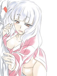Rule 34 | 10s, 1girl, blunt bangs, breasts, brown eyes, cleavage, female focus, hakkai, highres, kantai collection, long hair, looking at viewer, lying, murakumo (kancolle), naked robe, navel, on side, robe, solo, white background, white hair