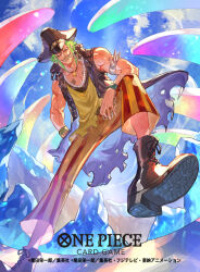 Rule 34 | 1boy, armlet, bartolomeo, boots, cloud, commentary request, copyright name, fangs, from below, green hair, hat, highres, jewelry, male focus, muscular, muscular male, necklace, official art, one piece, one piece card game, pants, pearl necklace, shirt, sidelocks, sky, solo, spiked armlet, striped clothes, striped pants, tapioka chaso, vertical-striped clothes, vertical-striped pants, vest, yellow shirt