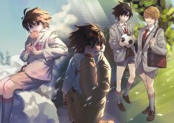 Rule 34 | 2boys, absurdres, ball, black hair, brown footwear, brown hair, candy, child, coat, collared shirt, death note, food, full body, grass, grey jacket, grey shorts, hair between eyes, highres, holding, holding ball, holding candy, holding food, holding lollipop, jacket, jnkku, l (death note), lollipop, male focus, multiple boys, necktie, outdoors, red necktie, scarf, school uniform, shirt, short hair, shorts, soccer ball, white scarf, white shirt, winter clothes, winter coat, yagami light