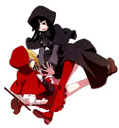 Rule 34 | 2girls, black hair, blonde hair, blue eyes, boots, bow, bowtie, cape, expressionless, grimm&#039;s fairy tales, little red riding hood, little red riding hood (grimm), long hair, looking at viewer, looking back, multiple girls, musco, red eyes, simple background, tonfa, weapon, white background