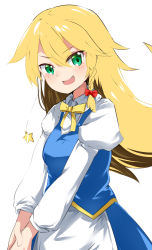 Rule 34 | 1girl, apron, blonde hair, blue skirt, blue vest, blush, bow, bowtie, braid, breasts, commentary, cookie (touhou), cowboy shot, eyes visible through hair, fang, green eyes, hair between eyes, hair bow, highres, kirisame marisa, long hair, looking at viewer, medium breasts, no headwear, open mouth, red bow, ruka (cookie), side braid, simple background, single braid, skirt, smile, solo, star (symbol), touhou, vest, waist apron, white apron, white background, yellow bow, yellow bowtie, yumekamaborosh